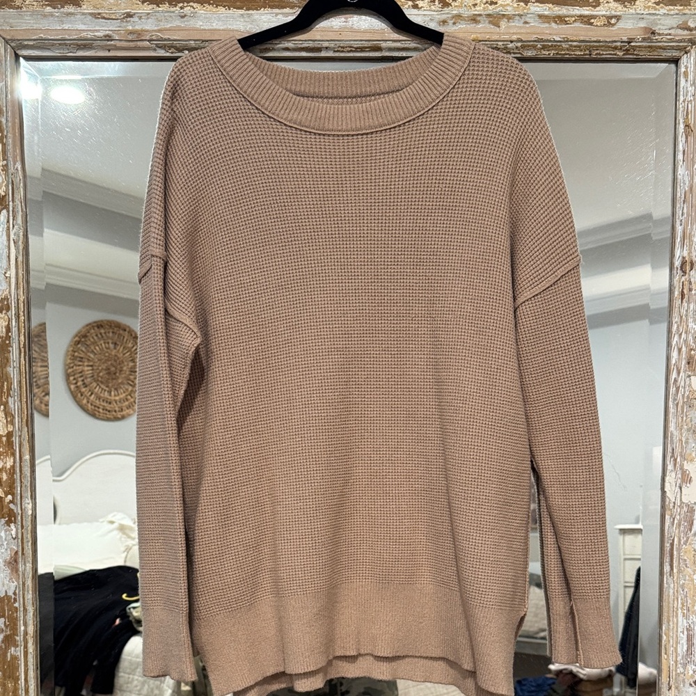 Cozy Waffle-Knit Long Sleeve Top - Taupe